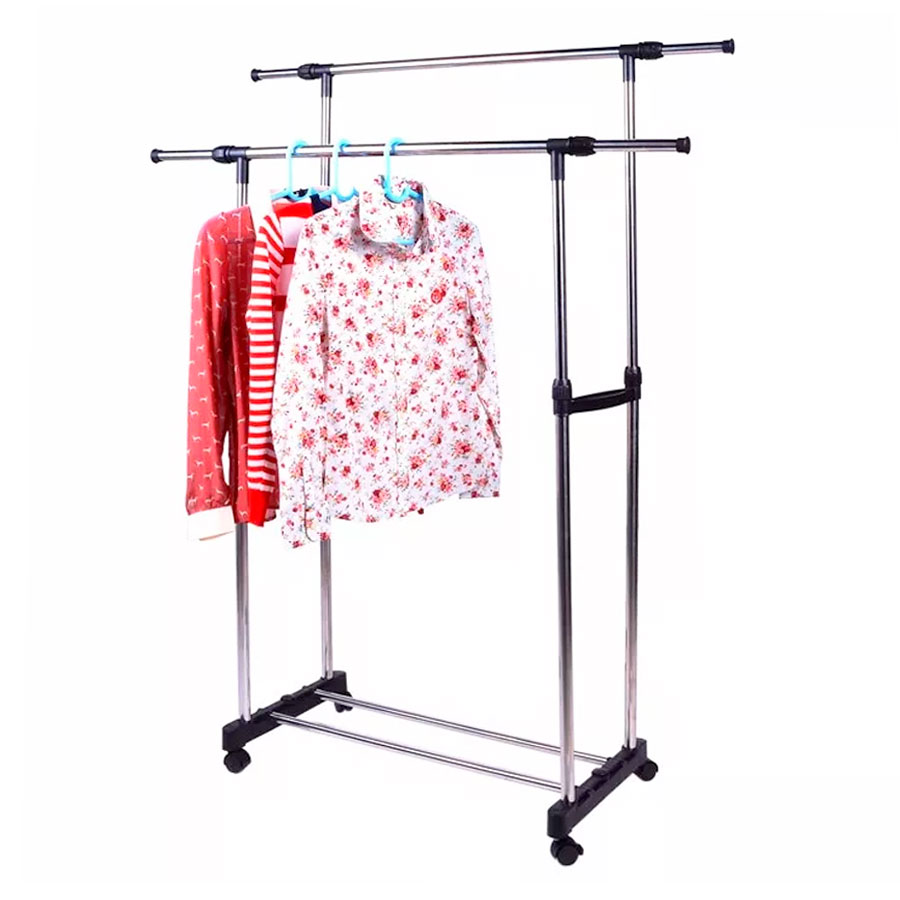 Perchero Doble Extensible Acero Inoxidable con Ruedas y Altura