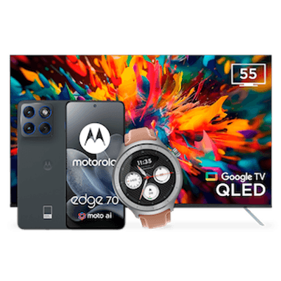 Smart TV Motorola 55" QLED + Celular Motorola Edge 70 12/512 GB + Reloj Motorola Moto Watch cuero