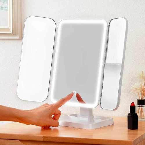 Espejo de Tocador Triple de Mesa, Plegable, con Luces LED, Tres Niveles de  Aumento, Brillo Ajustable y Batería Recargable, oferta LOi.