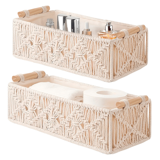 Este set de 2 canastos organizadores con exterior tejido en macramé es el complemento ideal para sumar estilo y funcionalidad a cualquier espacio del hogar. Su diseño artesanal en cuerda de algodón, combinado con una estructura metálica y asas de madera ofrece durabilidad. Perfectos para almacenar artículos como toallas, cosméticos, accesorios, pañales o juguetes, estos canastos multifuncionales se adaptan a diversos ambientes como el baño, dormitorio, sala de estar, habitación infantil u oficina.