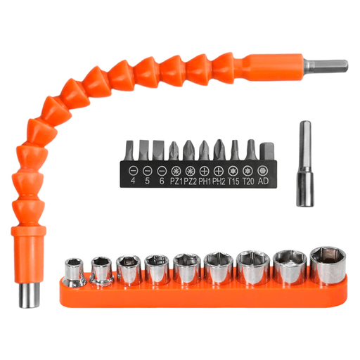 El set de accesorios para taladro de 21 piezas es una solución práctica y versátil diseñada para facilitar trabajos de atornillado y ajuste en espacios reducidos y ángulos difíciles. Incluye un eje flexible de 1/4