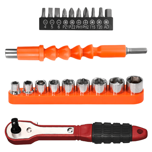 Este set de accesorios para taladro es ideal para trabajos de ajuste, mantenimiento y bricolaje. Incluye una llave crique tipo ratchet, que permite un uso rápido y cómodo en espacios reducidos gracias a su mecanismo de trinquete y mango ergonómico antideslizante. Incorpora también un eje flexible, perfecto para alcanzar tornillos en ángulos difíciles o zonas estrechas. El set se complementa con dados hexagonales de distintos tamaños, organizados en un soporte compacto para un acceso práctico, y un completo juego de puntas intercambiables planas, Phillips, Pozidriv, Torx y hexagonales, fabricadas en acero resistente para mayor durabilidad y precisión. Ideal tanto para uso doméstico como profesional.