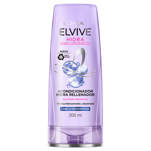 El Acondicionador Hidra Rellenador de Elvive con el poder del Ácido Hialurónico desenreda el pelo instantáneamente, controla el frizz y ayuda a sellar las cutículas para un cabello hidratado, suelto y brillante.