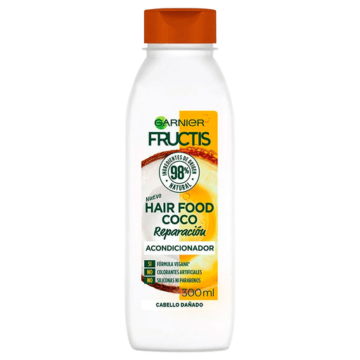 Acondicionador Garnier Fructis Hair Food Coco de 300ml para reparar intensamente tu pelo. Con fórmula vegana, biodegradable y hecha con ingredientes 98% de origen natural, sin siliconas, sin parabenos y sin colorantes artificiales. 
