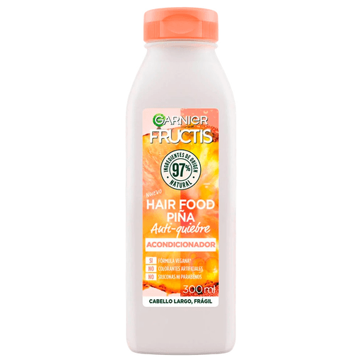 Acondicionador Garnier Fructis Hair Food Piña de 300ml para nutrir profundamente tu pelo. Con fórmula vegana, biodegradable y hecha con ingredientes 98% de origen natural, sin siliconas, sin parabenos y sin colorantes artificiales. 