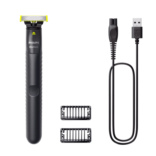 Philips OneBlade es una nueva y revolucionaria afeitadora inalámbrica. Olvidate de tener que usar varias herramientas y de seguir varios pasos. OneBlade lo hace todo: recorta, perfila y afeita, creando líneas y bordes precisos para cualquier longitud de vello. Además es recargable y se puede utilizar tanto en seco como en húmedo. Incluye dos peines guías y cuchilla.