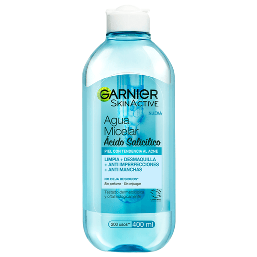 Agua Micelar Express Aclara Antiimperfecciones de Garnier para piel con tendencia al acné. Tratamiento concentrado (Ácido Salicílico + Vitamina C) que limpia, desmaquilla, reduce imperfecciones y reduce visiblemente las manchas, no deja residuos.