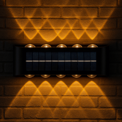 Iluminá tus espacios exteriores con este moderno aplique solar LED que cuenta con 10 luces (5 superiores y 5 inferiores) para una iluminación uniforme y bidireccional. Funciona con energía solar y ofrece una autonomía de hasta 14 horas, encendiéndose automáticamente al anochecer gracias a su fotocélula incorporada. Fabricado con materiales resistentes al agua, calor y bajas temperaturas, es ideal para exteriores como jardines, patios, entradas y pasillos. Su diseño elegante, instalación sencilla sin cables y larga vida útil de hasta 30.000 horas lo convierten en una opción eficiente y decorativa para cualquier espacio.