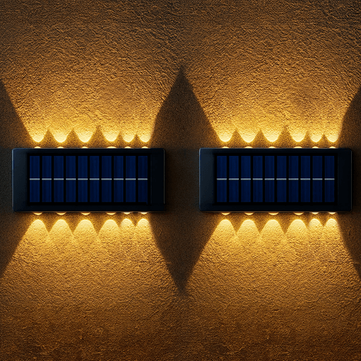 Con este set de 2 apliques solares LED podrás transformar tu jardín, patio o entrada en un ambiente más seguro y acogedor. Cada aplique cuenta con 12 luces LED de tono cálido (6 superiores y 6 inferiores) que brindan una iluminación suave y uniforme, perfecta para realzar senderos, muros o espacios al aire libre. Gracias a su alimentación por célula solar, no requiere instalación eléctrica ni cables y está equipado con fotocélula inteligente, se enciende automáticamente al anochecer y se apaga al amanecer. Fabricados con materiales resistentes al agua y a las condiciones climáticas, estos apliques están diseñados para perdurar en exteriores. Su diseño moderno y minimalista se adapta a todo tipo de estilos arquitectónicos y su instalación es sencilla e intuitiva, sin herramientas complicadas.