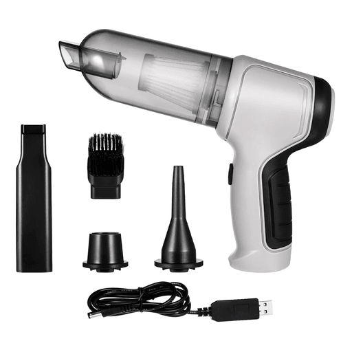 Esta aspiradora de mano multiuso es recargable y versátil, ya que brinda la posibilidad de utilizarla como aspiradora, inflador o para extraer aire. Su potente motor y filtro HEPA garantizan una succión eficaz, con un diseño portátil que permite acceder a los rincones más difíciles de limpiar. 