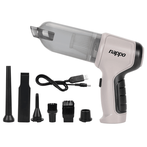 Esta mini aspiradora inalámbrica NAPPO de mano sin cable, es compatible con las funciones de aspirar, soplar y bombear, equipada con 6 tipos diferentes de boquillas para satisfacer todas tus necesidades de limpieza diarias. Se puede usar como aspirador para el hogar y automóviles, y también se puede utilizar para anillos de natación, inflables, etc. Una aspiradora ideal con una batería de 2000mAh y una potencia de 120W para un uso sin problemas.