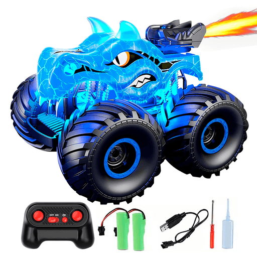 Este Auto Todoterreno tiene una apariencia de dinosaurio que fascinará a los más pequeños. Cuenta con efectos de sonido realistas, tres tipos de efectos de luz y una función de pulverización que proporciona una niebla creando un ambiente fantástico. El Auto puede hacer acciones de acrobacias, como girar en su lugar, ponerse de pie y caminar y girar 360°, todo a través del control remoto con banda de 2.4GHz y dos baterías reemplazables, que permite jugar sin interferencias. Este Auto estimulará la imaginación, creatividad y curiosidad de los niños, además les ayudará a desarrollar su coordinación mano-ojo, habilidades motoras y conciencia espacial.