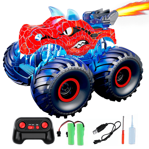 Este Auto Todoterreno tiene una apariencia de dinosaurio que fascinará a los más pequeños. Cuenta con efectos de sonido realistas, tres tipos de efectos de luz y una función de pulverización que proporciona una niebla creando un ambiente fantástico. El Auto puede hacer acciones de acrobacias, como girar en su lugar, ponerse de pie y caminar y girar 360°, todo a través del control remoto con banda de 2.4GHz y dos baterías reemplazables, que permite jugar sin interferencias. Este Auto estimulará la imaginación, creatividad y curiosidad de los niños, además les ayudará a desarrollar su coordinación mano-ojo, habilidades motoras y conciencia espacial.