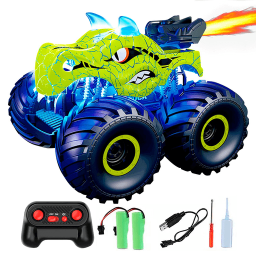 Este Auto Todoterreno tiene una apariencia de dinosaurio que fascinará a los más pequeños. Cuenta con efectos de sonido realistas, tres tipos de efectos de luz y una función de pulverización que proporciona una niebla creando un ambiente fantástico. El Auto puede hacer acciones de acrobacias, como girar en su lugar, ponerse de pie y caminar y girar 360°, todo a través del control remoto con banda de 2.4GHz y dos baterías reemplazables, que permite jugar sin interferencias. Este Auto estimulará la imaginación, creatividad y curiosidad de los niños, además les ayudará a desarrollar su coordinación mano-ojo, habilidades motoras y conciencia espacial.