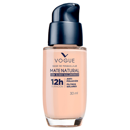 Descubrí la base líquida Mate Natural de Vogue, la cual tiene una textura ligera con hasta 12 horas de duración y  ácido hialurónico para un acabado mate natural y cubrimiento perfecto de larga duración. Probala y decile sí al ácido hialurónico con Mate Natural, cuidado para tu rostro con el beneficio antipolución y filtros solares.