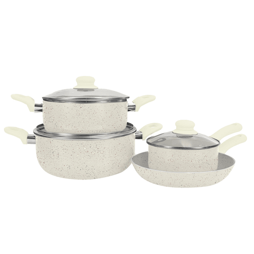 Este juego de batería de que cocina contiene siete piezas de aluminio es excelente para tus preparaciones. El mismo cuenta con un recubrimiento antiadherente facilitando la elaboración de distintos alimentos y permitiendo que estos no se peguen. Con una aleación de aluminio que asegura una cocción uniforme, podrás saltear, sofreír y hervir sin problemas. Tienen mangos ergonómicos,  tapa de vidrio resistente al calor y gracias a su revestimiento de granito facilita la limpieza. 
¡Disfrutá de tus deliciosos platos!