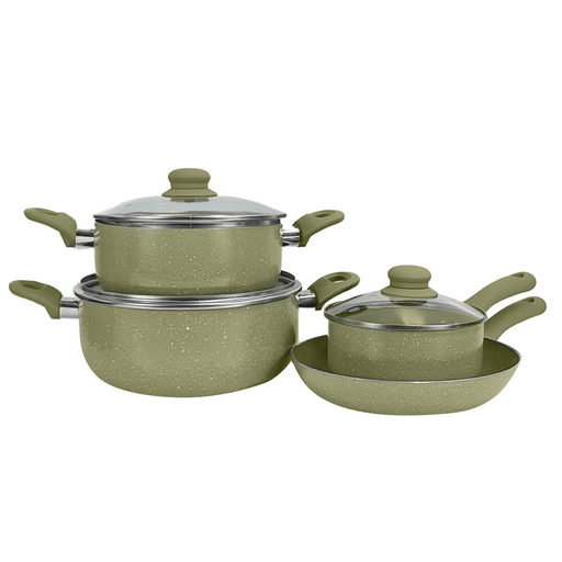 Este juego de batería de que cocina contiene siete piezas de aluminio es excelente para tus preparaciones. El mismo cuenta con un recubrimiento antiadherente facilitando la elaboración de distintos alimentos y permitiendo que estos no se peguen. Con una aleación de aluminio que asegura una cocción uniforme, podrás saltear, sofreír y hervir sin problemas. Tienen mangos ergonómicos,  tapa de vidrio resistente al calor y gracias a su revestimiento de granito facilita la limpieza. 
¡Disfrutá de tus deliciosos platos!