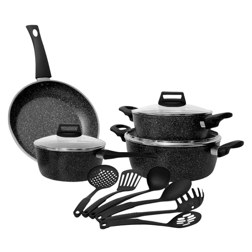 Transformá tu cocina con esta batería de 13 piezas, que combina diseño, funcionalidad y resistencia. Fabricada en aluminio con revestimiento antiadherente, ofrece una cocción uniforme y eficiente, mientras que sus tapas de vidrio templado permiten controlar el proceso sin necesidad de destapar. Los mangos de baquelita son ergonómicos y resistentes al calor, brindando seguridad y comodidad al cocinar. Además de las ollas y sartén, el set incluye 6 utensilios de cocina de nylon: espumadera, espátula, cucharón, cuchara, cuchara para espaguetis y cuchara ranurada, ideales para usar sobre superficies antiadherentes sin dañarlas.