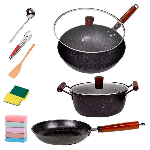 La batería de cocina de 15 piezas está diseñada para quienes buscan practicidad y durabilidad en la cocina. Fabricada en hierro con recubrimiento de piedra Maifan, ofrece una superficie antiadherente que facilita la cocción sin que los alimentos se peguen y asegura una limpieza sencilla. Sus tapas de vidrio templado con salida de vapor permiten controlar la cocción, mientras que los mangos de madera maciza brindan un toque elegante y seguro. El set incluye un wok, una olla, un sartén, dos tapas, cucharón, espátula, pinza, cinco paños de cocina y dos esponjas, convirtiéndose en una opción completa y funcional para el día a día.