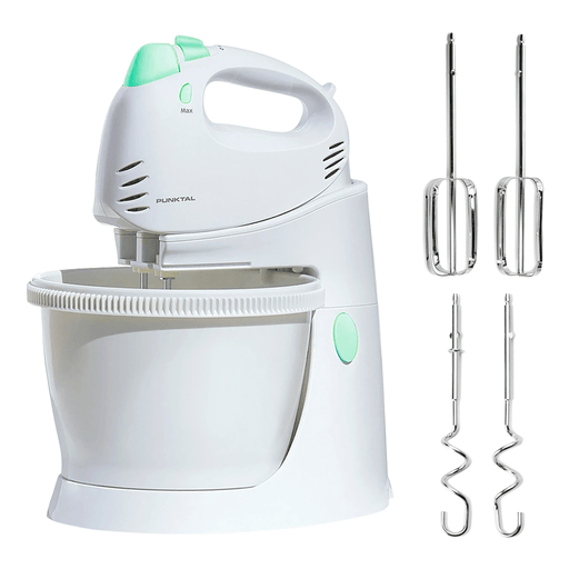 Batidora Punktal con bowl y base para preparar todo lo que quieras en poco tiempo. Tiene una potencia de 300W, un bowl con capacidad de 3 litros y 5 niveles de velocidad para elegir según la receta a realizar. Incluye varillas mezcladoras y amasadoras.