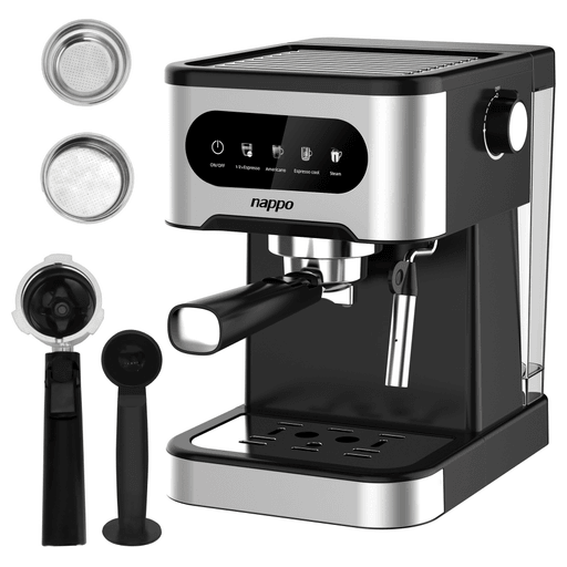 Disfrutá del auténtico sabor del café con la Cafetera Espresso Barista Pro 7 en 1 de Nappo, equipada con una bomba de 20 bares de presión y una potencia de 1350W para lograr una extracción intensa y aromática. Gracias a su sistema de calentamiento rápido Thermoblock y su control táctil, podés preparar de forma rápida y sencilla distintos tipos de café: espresso, americano o incluso espresso frío. Además, su función de espumado a vapor de alta presión te permite crear lattes y capuchinos con espuma cremosa como en una cafetería. Compatible con cápsulas Nespresso y con un tanque de agua desmontable de 1,5L, esta cafetera une diseño práctico y rendimiento profesional para transformar cada taza en un momento especial.