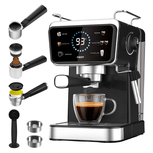La cafetera Espresso NAPPO combina potencia, versatilidad y un diseño moderno para disfrutar de distintas variedades de café con resultados de calidad. Equipada con una bomba de alta presión de 20 bares y 1350W de potencia, ofrece un sistema de calentamiento rápido y un depósito de agua extraíble de 1,5L para preparar varias bebidas sin recargas frecuentes. Su sistema multicápsulas 7 en 1 permite elaborar café molido, espresso, espresso doble, americano, espresso frío y más, mientras que el vaporizador de leche de alta presión facilita la preparación de cappuccinos y lattes con espuma cremosa. Además, incorpora control táctil, panel digital con indicador de temperatura y tiempo restante, calentador de tazas, posibilidad de preparar dos tazas simultáneamente y una bandeja de goteo extraíble que simplifica la limpieza.