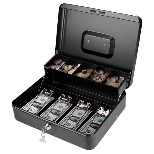 Esta caja fuerte de acero aleado super resistente es ideal para acompañarte a donde vayas porque es muy fácil de transportar gracias a su asa y a su diseño compacto y elegante. Cuenta con cuatro clips de resorte para mantener el dinero en su lugar y una bandeja de monedas para que estén organizadas. La caja tiene un resistente candado mecánico que funciona con llave, además la misma incluye dos para que tengas como repuesto. 