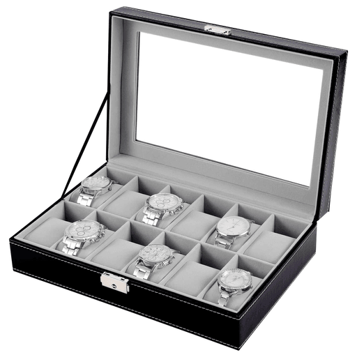 Esta caja con 12 ranuras para mostrar tus relojes y mantenerlos alejados del polvo y los arañazos. Con un diseño de lujo, piel sintética de alta calidad y terciopelo suave, esta diseñado específicamente para proteger de rayones y polvo. La tapa de vidrio real proporciona una fácil visualización de los relojes en el interior, lo que es perfecto tanto para uso personal como para el uso en una tienda.