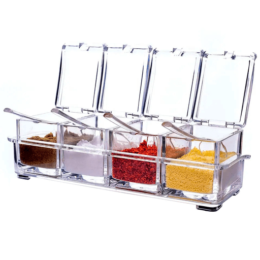 Este set para especias cuenta con cucharas, 4 contenedores y una bandeja con base antideslizante. Al ser transparentes se vuelve más fácil distinguir el condimento en su interior, y debido a su material las especias se mantienen frescas y sin olores. Además es una opción perfecta para ahorrar espacio, organizando tu cocina y manteniendo su funcionalidad.