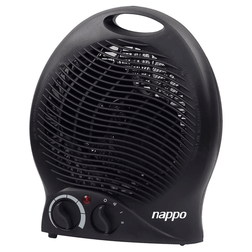 Caloventilador Nappo, con un nivel de aire fresco y dos niveles de calor que se pueden modificar a gusto, de hasta 2000 watts de potencia. Incluye manija para traslado y sensor de seguridad contra sobrecalentamiento.

