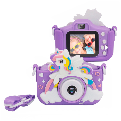 Esta cámara infantil con diseño de unicornio combina diversión y tecnología para estimular la creatividad de los más chicos. Permite sacar fotografías, grabar videos en resolución 1080p, reproducir sonido y disfrutar de juegos, todo desde su práctica pantalla LED. Fabricada en plástico con recubrimiento de silicona, es resistente y cómoda de usar por manos pequeñas. Incorpora batería de litio recargable, con autonomía de hasta 3h y tiempo de carga de 1 a 1:30h mediante cable USB, además de admitir tarjeta microSD para ampliar el almacenamiento. Un dispositivo completo, seguro y entretenido, ideal para acompañar a los niños en sus primeras experiencias digitales.