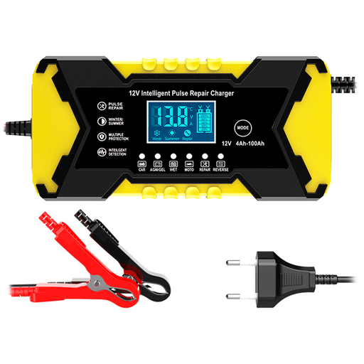 Este cargador de baterías 12V de 90W, ideal para baterías de plomo-ácido de 4Ah a 100Ah. Ofrece un rendimiento eficiente y seguro para el mantenimiento y carga de vehículos, incorporando pantalla LCD que permite visualizar claramente el estado de carga en tiempo real. Cuenta con cable de entrada de 120cm y cable de salida de 65cm, brindando mayor comodidad y practicidad al momento de conectarlo y utilizarlo. Ideal para uso doméstico o automotriz.