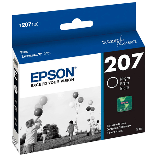 Cartucho original Epson T207 para Impresoras Epson Expression XP-2101. Imprimen en varios tipos de papel con un resultado excelente. Cada cartucho original rinde una cantidad de 300 impresiones aproximadamente. Contenido de 5ml.