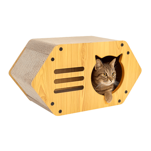 Brindá a tu gato el refugio perfecto con este rascador para gato de diseño hexagonal moderno y funcional, ideal para el descanso, el juego y el cuidado de sus uñas. Fabricada en MDF resistente y cartón corrugado de alta calidad, además ofrece un espacio interno cómodo que permite a tu mascota esconderse o relajarse con total seguridad. Su estructura soporta hasta 10 kg de peso, siendo adecuada para gatos de distintos tamaños. Gracias a que cuenta con ventilación lateral integrada, favorece la circulación del aire, manteniendo el interior fresco.
