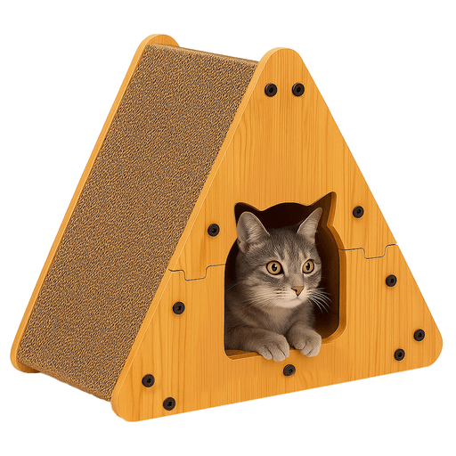 Brindá a tu gato el refugio perfecto con este rascador para gato de diseño triangular moderno y funcional, ideal para el descanso, el juego y el cuidado de sus uñas. Fabricada en MDF resistente y cartón corrugado de alta calidad, además ofrece un espacio interno que permite a tu mascota esconderse o relajarse con total seguridad. Su estructura soporta hasta 10kg de peso, siendo adecuada para gatos de distintos tamaños.