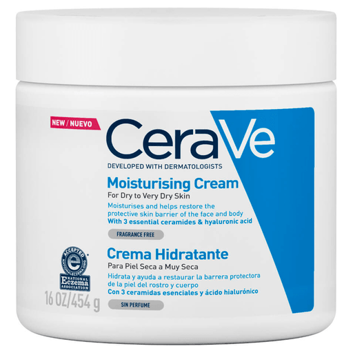 CeraVe crema hidratante es una fórmula rica que provee una hidratación de larga duración. Con la tecnología MVE y un acabado agradable y aterciopelado que ayuda a restaurar la barrera protectora de la piel. 