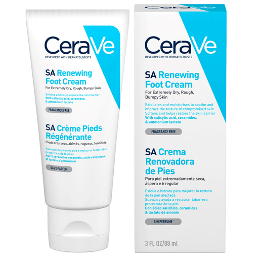 CeraVe Crema regeneradora de pies, no irrita, exfolia e hidrata. Esta fórmula no grasosa y de rápida absorción ofrece una reparación efectiva para pies secos, ásperos y agrietados, con Niacinamida y Acido salicílico, que ayuda a calmar, reparar y exfoliar suavemente la piel de los pies, sin alterar ni irritar la barrera de la piel.