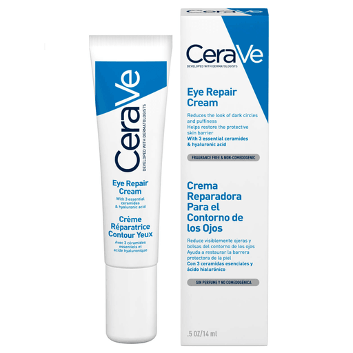 La Crema Reparadora de Ojos CeraVe contiene un Complejo Botánico y Marino para ayudar a iluminar toda el área de los ojos. Adecuada para todo tipo de piel, es una crema no grasa, de rápida absorción y sin fragancia también contiene tres ceramidas esenciales, ácido hialurónico y niacinamida, además de la tecnología patentada MVE Delivery que libera humedad para una hidratación prolongada de la piel.
