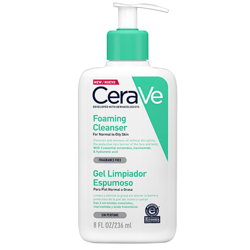 Este Gel Limpiador Espumoso de CeraVe para rostro y cuerpo limpia profundamente y refresca la piel, con 3 ceramidas esenciales y ácido hialurónico, elimina de forma eficiente el exceso de grasa, la suciedad y el maquillaje, ayudando a restaurar la barrera natural de la piel.  Su fórmula sin perfume es adecuada para pieles sensibles.