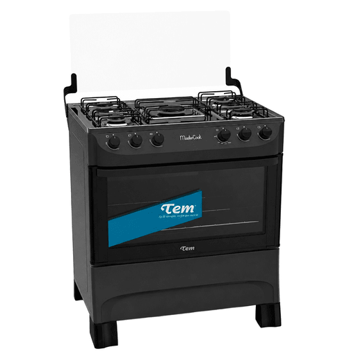 Cocina TEM Mastercook, con 5 hornallas y horno a Super Gas. Posee quemadores estampados en acero, mesada de acero inoxidable unificada para contención de líquidos y está montada sobre pies de mayor altura para facilitar la limpieza. Además cuenta con tapa de cristal templado, perillas extraíbles para una fácil limpieza y rejilla regulable en tres niveles de altura.