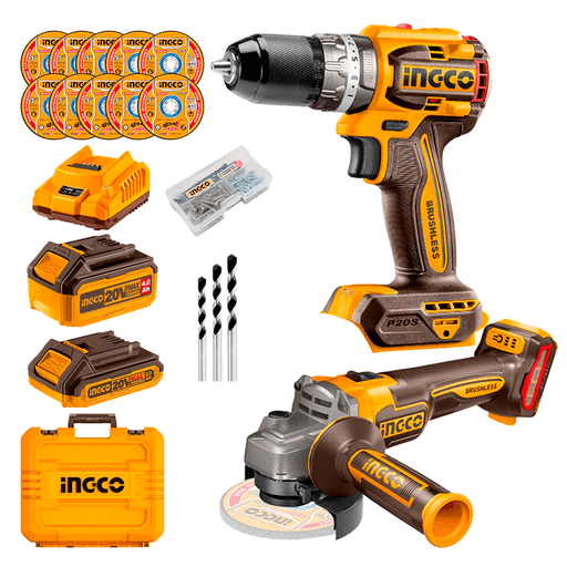 Este combo completo de INGCO es ideal para quienes buscan potencia, precisión y versatilidad en un solo kit. Incluye una amoladora angular y un taladro compacto, ambos con motor sin escobillas de 20V para mayor eficiencia y durabilidad. Viene acompañado por 10 discos abrasivos, un set de 47 accesorios, dos baterías (2.0Ah y 4.0Ah) y cargador. Con funciones avanzadas como luz LED, velocidad variable y portabrocas metálico, este set es perfecto para trabajos exigentes y uso profesional. Todo lo que necesitás, en un solo combo.
