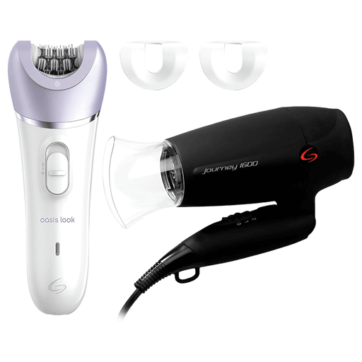 El combo GAMA combina la Depiladora Oasis Look, que ofrece una depilación rápida, precisa y sin dolor con resultados que dejan la piel suave por hasta 4 semanas, con el Secador Journey Travel, un equipo bivolt ideal para viajar, liviano y potente, con 1600W, dos velocidades y mango retráctil para un uso cómodo en cualquier lugar. Juntos, forman un set práctico y completo para cuidar tu cabello y tu piel tanto en casa como durante tus viajes.