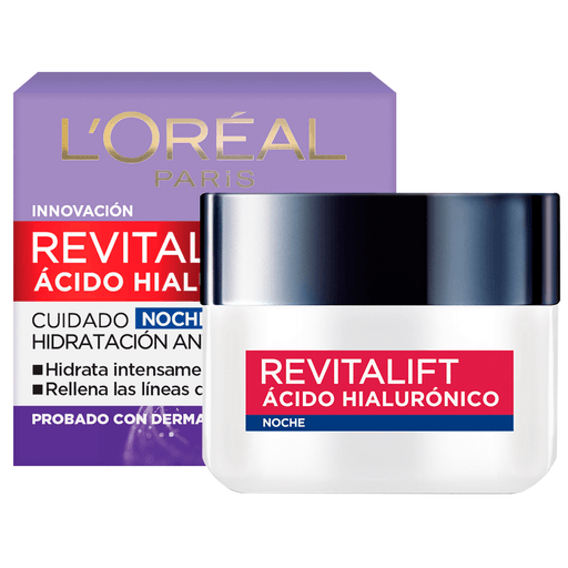 Crema para la noche hidratante Revitalift antilíneas de expresión con Ácido Hialurónico de L'Oréal Paris, para mujeres a partir de los 30 años. Hidrata tan intensamente que rellena las líneas de expresión. Probado con dermatólogos. 