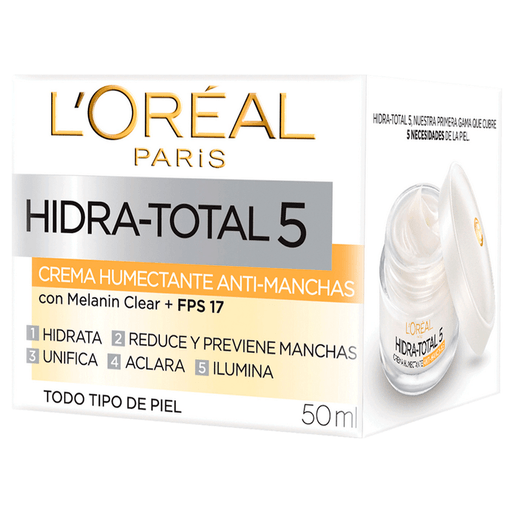 Hidra Total 5 antimanchas es una crema humectante con Melanin Clear y FPS 17 que cubre las 5 principales necesidades para una piel radiante: hidrata por 24 horas, reduce y previene manchas, unifica el tono de la piel, aclara e ilumina la piel. 