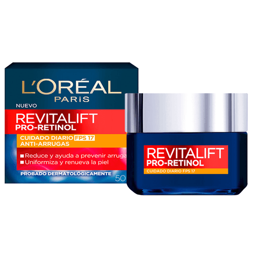 Descubrí el nuevo cuidado con esta crema Revitalift de uso diario antiarrugas con Pro-Retinol y FPS17 para renovar la piel, uniformar su textura y reducir y prevenir arrugas. El Pro-Retinol es un derivado del Retinol que se puede usar diariamente para hidratar intensamente y combatir los signos de la edad.