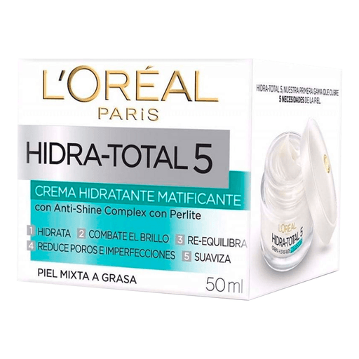 Crema L'Oréal Paris Hidra-Total 5 Matificante, un tratamiento hidratante y matificante que cubre 5 necesidades de la piel mixta o grasa. 5 acciones y resultados: hidrata, combate el brillo, reequilibra, reduce poros y suaviza. Dejando tu piel suave y matificada durante todo el día.