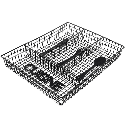 Organizá tus cubiertos con estilo gracias a esta cubiertera tipo bandeja de diseño moderno y minimalista. Cuenta con 4 compartimientos separados que permiten una distribución clara para cuchillos, tenedores y cucharas, mientras que su estructura de metal con rejilla firme y resistente facilita la visualización del contenido. Ideal para apoyar sobre la mesada o guardar dentro de alacenas, suma además un toque decorativo con siluetas recortadas de cubiertos y la palabra “CUISINE”.