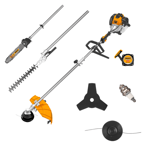 La Desmalezadora multifunción 4 en 1 INGCO es la solución perfecta para el mantenimiento de jardines y terrenos exigentes, combinando potencia y versatilidad en una sola herramienta. Equipada con un motor de 52cc y 1,4kW de potencia, alcanza una impresionante velocidad máxima de 10000rpm, garantizando un rendimiento eficiente en cualquier tarea. Su diseño robusto permite una ruta de corte máxima de 420mm, y cuenta con un carrete de 2,4mm x 4m y una hoja de 255mm de diámetro con 3 dientes, ideal para trabajos pesados. Además, su depósito de combustible de 1200ml ofrece una excelente autonomía. Este modelo multifunción incluye accesorios para funcionar como cortadora de césped, cortador de arbustos, cortasetos y sierra de cadena, adaptándose a las diferentes necesidades del usuario con facilidad y precisión.