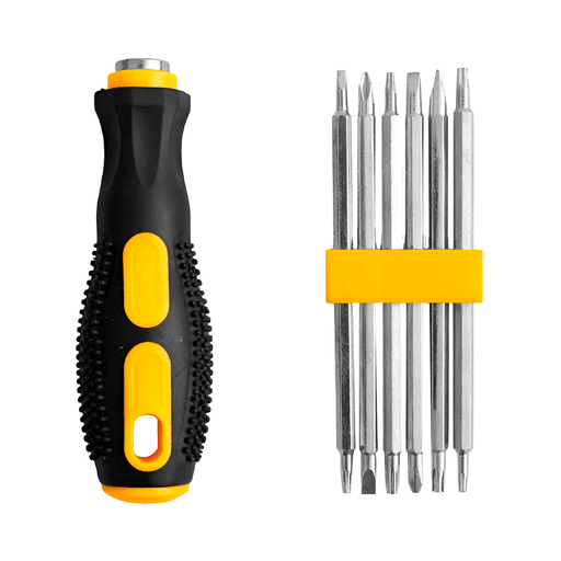 Optimizá tus trabajos con este práctico destornillador multipuntas, diseñado para brindar comodidad, precisión y rendimiento en todo tipo de tareas. Su mango ergonómico con recubrimiento antideslizante ofrece un agarre firme y seguro, permitiendo un manejo cómodo incluso en usos prolongados. Incluye 6 piezas de doble punta que se adaptan a diferentes tipos de tornillos, convirtiéndolo en una herramienta versátil y funcional tanto para uso doméstico como profesional.