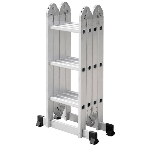 Escalera Andamio de 3.7 metros y 12 escalones. Fabricada en aluminio completamente resistente a la corrosión, con bisagras de bloqueo de seguridad. Cuenta de 10 posiciones, se puede utilizar como escalera individual, escalera de doble cara, caballete, plataforma de trabajo, etc. Escalera ligera, plegable, fácil de transportar y fácil de guardar.